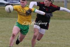 Donegal's Aaron Neilan keeps control against Tyrone's Ruairi Mc Hugh in Magheragallon on Saturday. (Pictures by Eoin Mc Garvey)